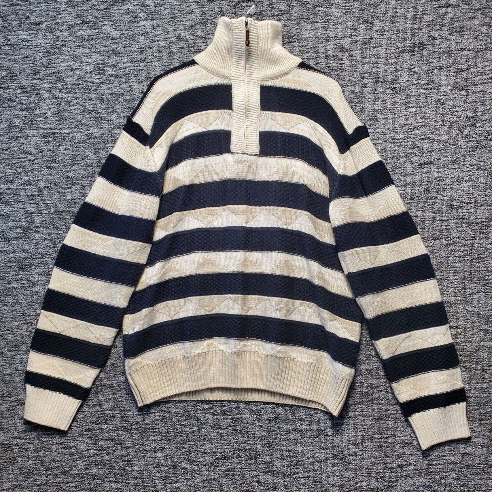 VTG Pronti Quarter Zip Sweater Mens 2X Beige Navy Striped Geometric Pullover
